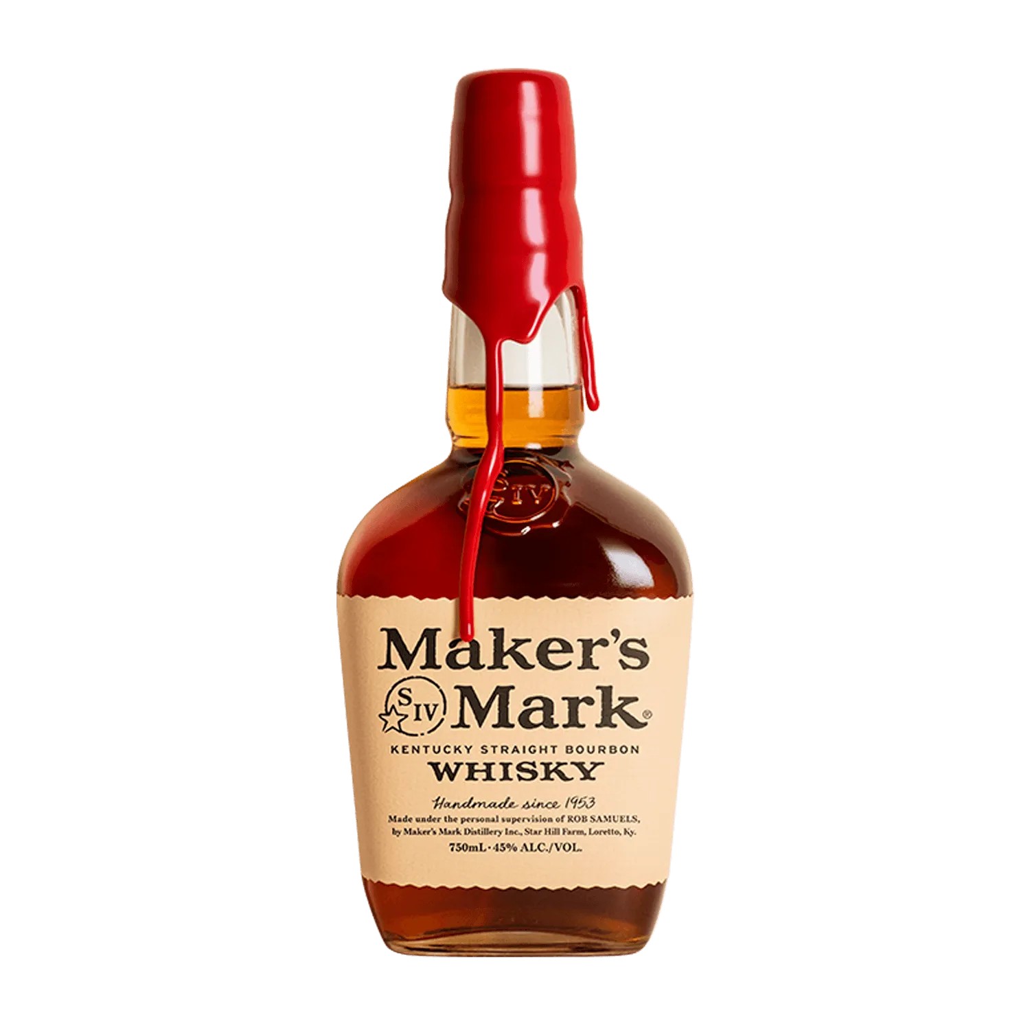 A bourbon bottle and two rocks glasses packed in a gift box with tissue paper