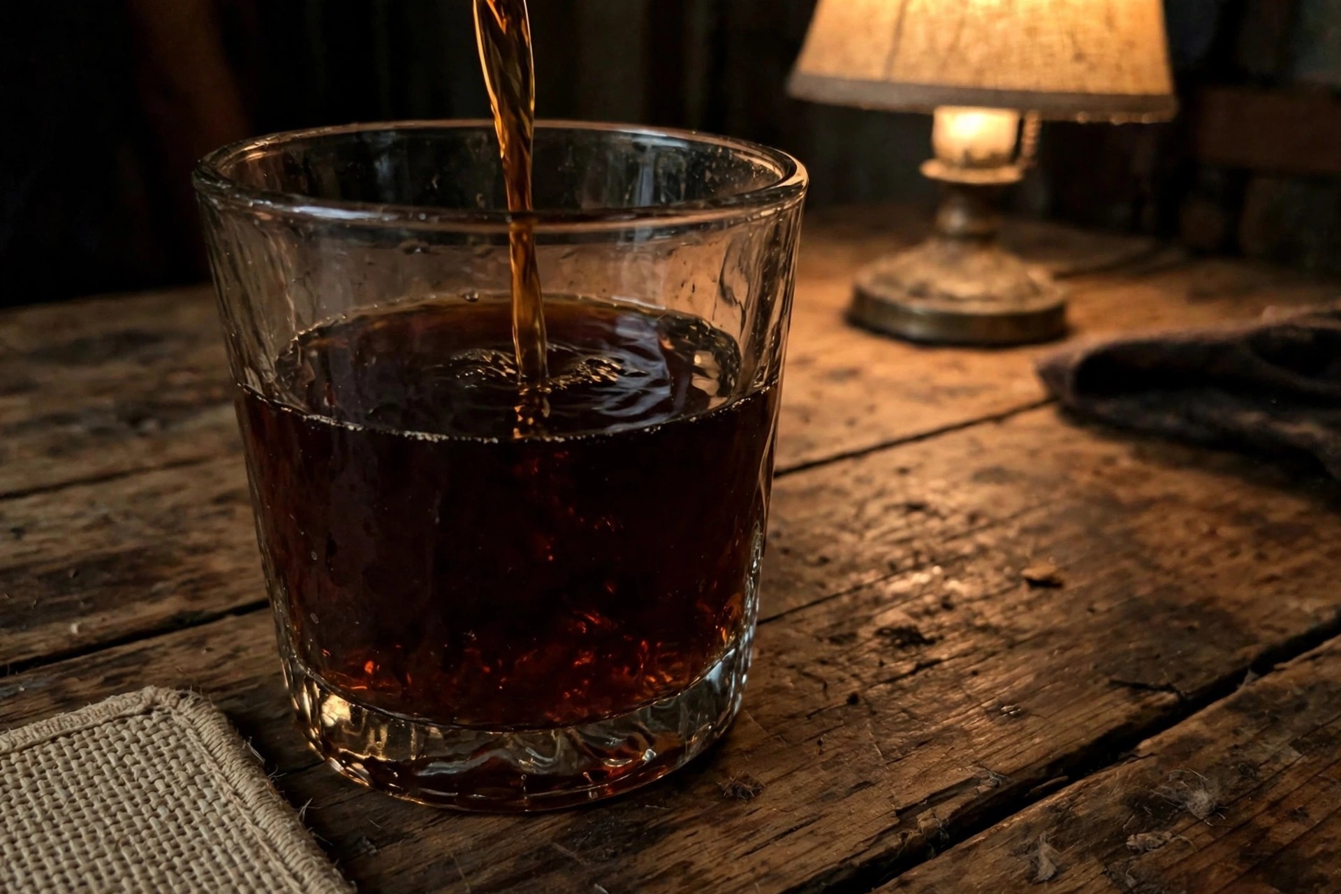A high-proof pour of dark bourbon in dramatic low lighting