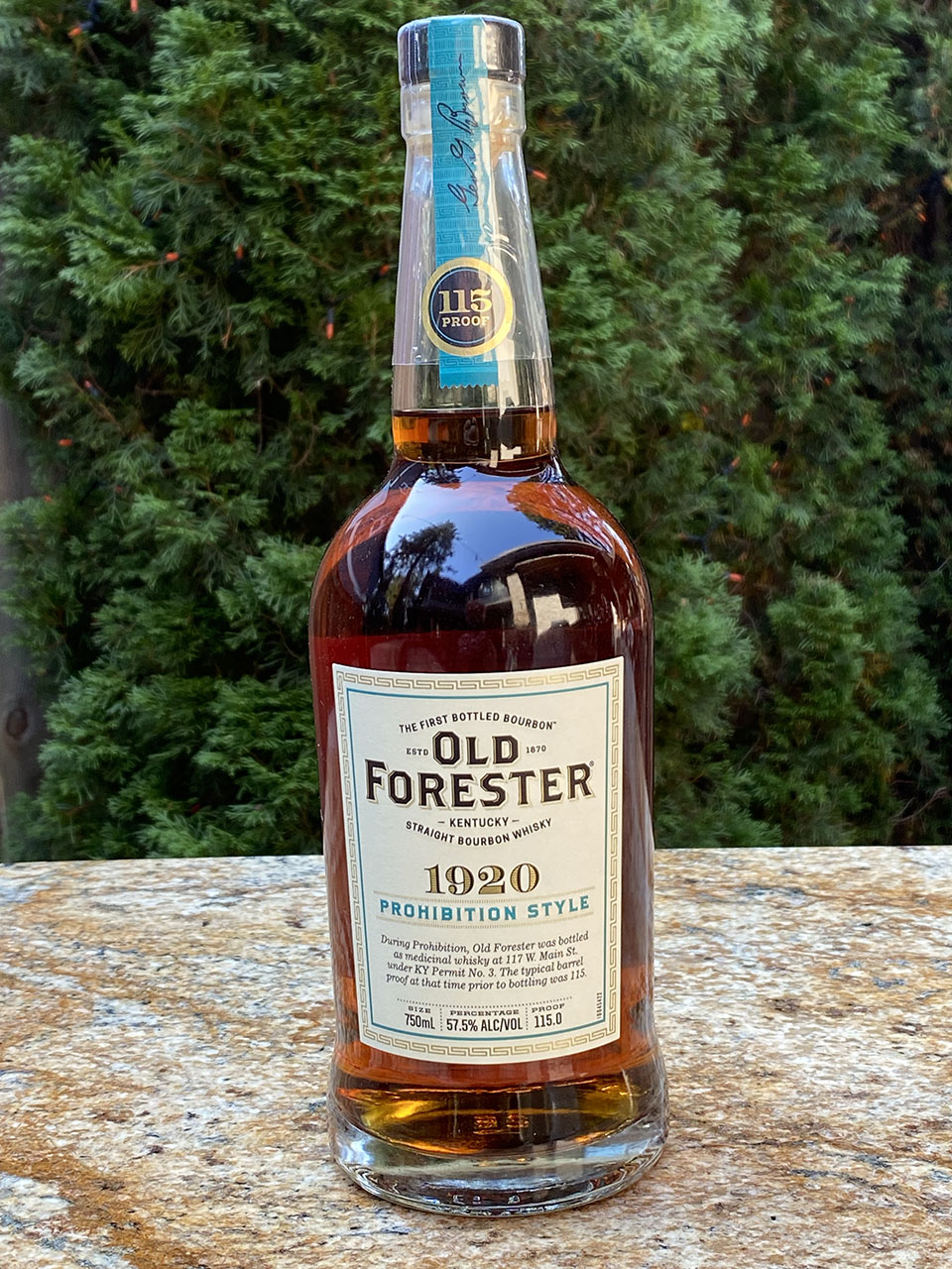 Old Forester 1920 Prohibition Style bourbon bottle outdoors