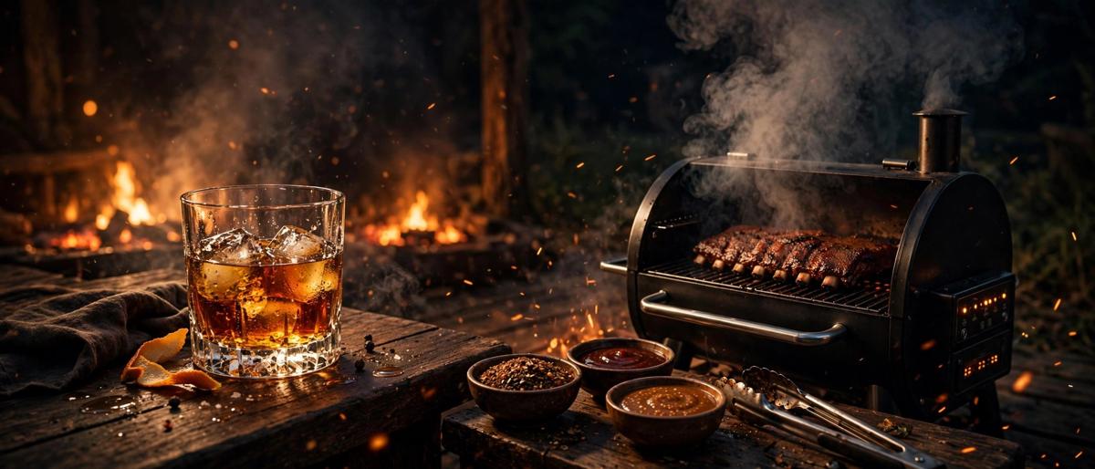 Bourbon glass beside a smoking pellet grill with ribs, rubs, and sauces